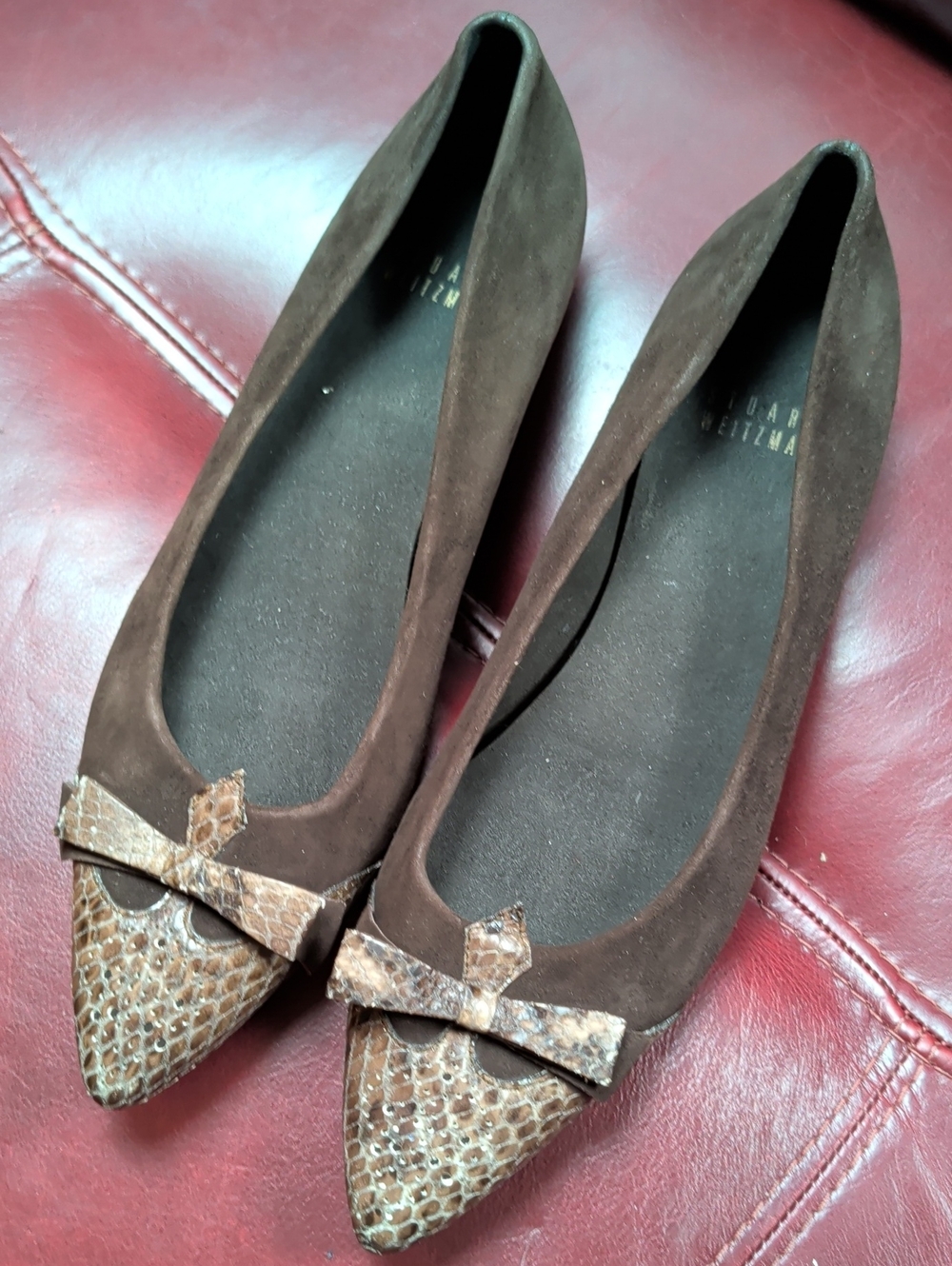 Stuart Weitzman Brown Suede Pointed Toe Flats with Snakeskin Shoes 6.5